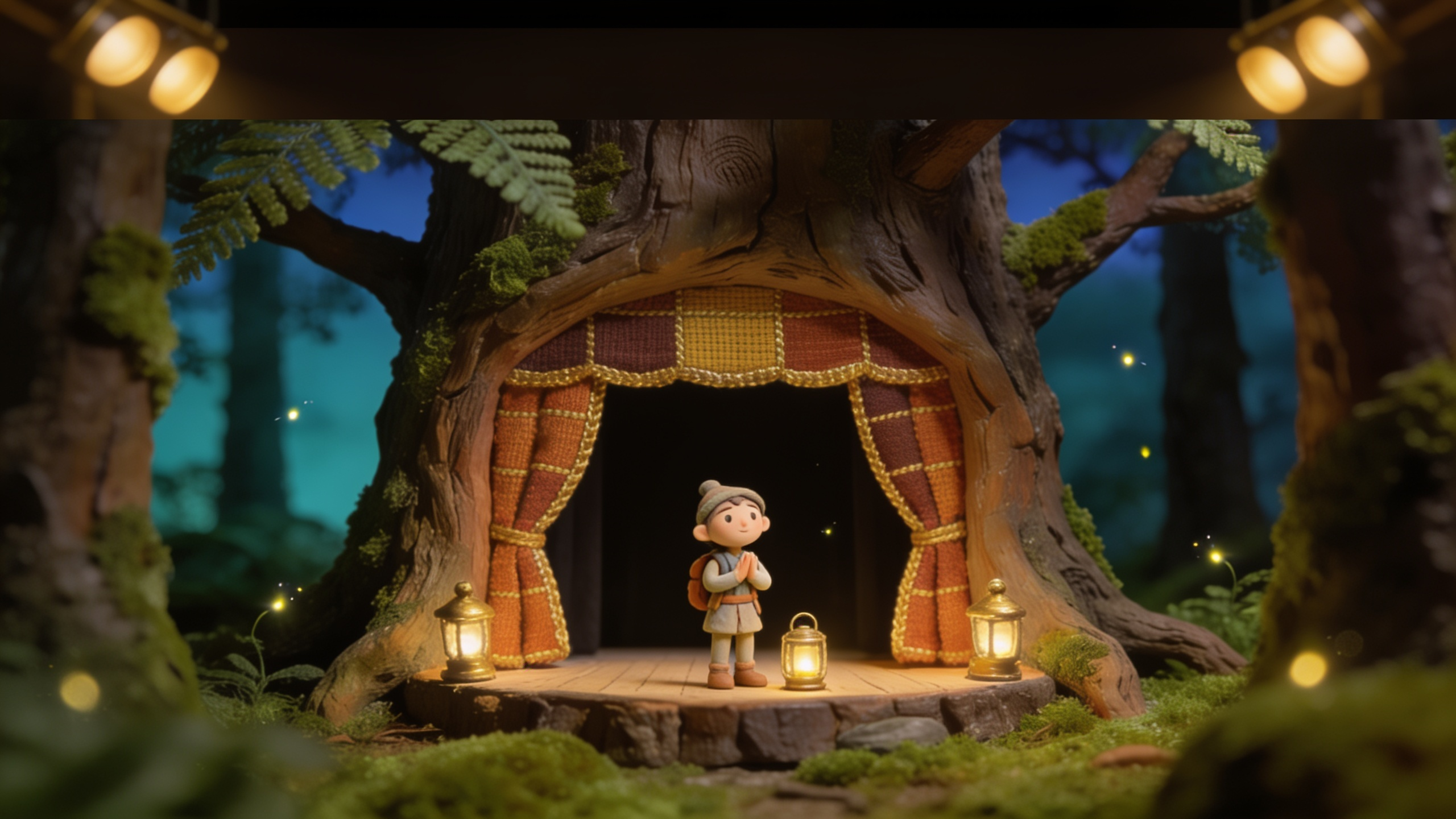 The traveler takes a bow on the woodland puppet-theater stage, lanterns lit